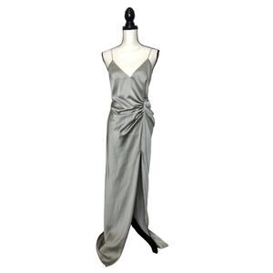 Asos EDITION Gown Satin Maxi Gathered Side Thigh Slit Silver Sage Plunge Back 6